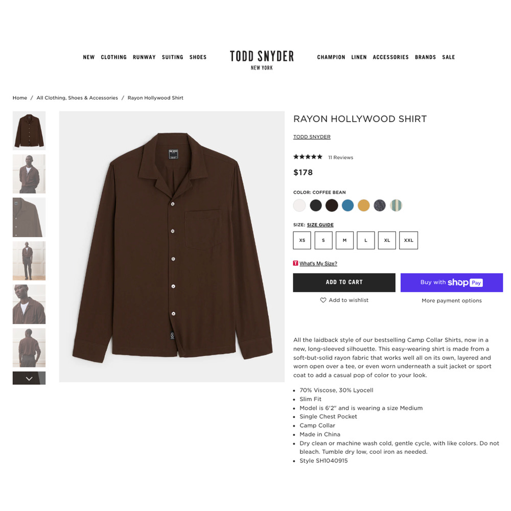 NWT $178 Todd Snyder New York Slim Fit Rayon Hollywood Shirt Size L -Coffee Bean - Picture 10 of 16